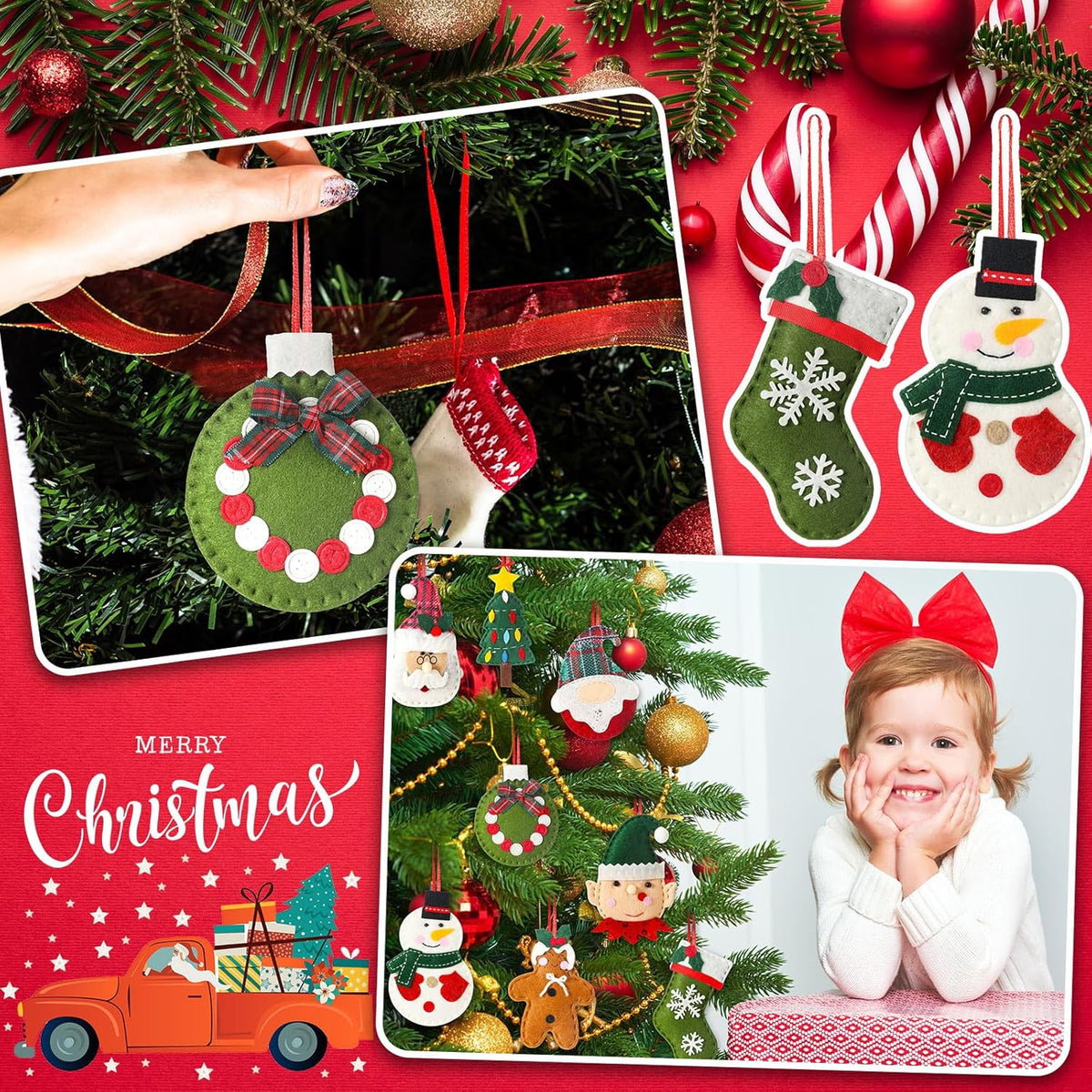 Skylety 8 Pieces 3D Christmas Tree Ornaments Set Felt Santa Snowman Candy Cane Ornament, Stocking
