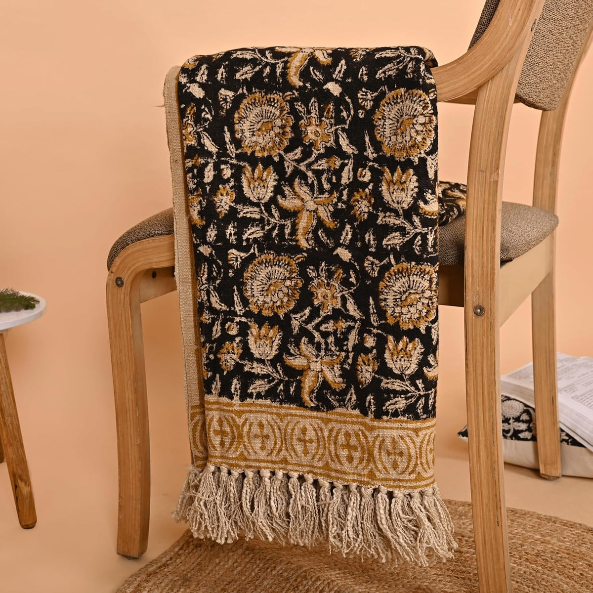 Bohemian Floral Cotton Throw Blanket with Tassels | 48x70 Inch Handblock Printed Sofa Throw | Black