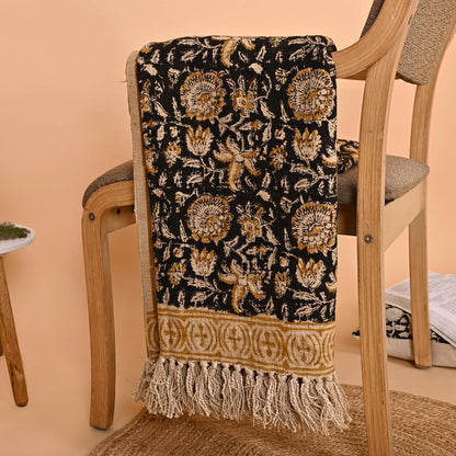 Bohemian Floral Cotton Throw Blanket with Tassels | 48x70 Inch Handblock Printed Sofa Throw | Black