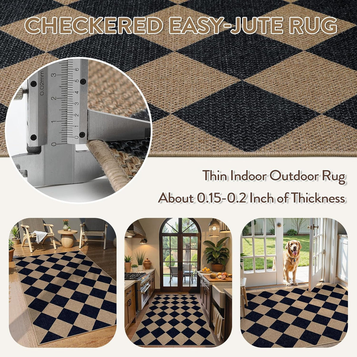 Lahome Checkered Easy Jute Entry Rug, 3x5 Black Outdoor Patio Rug for Living Room Farmhouse Neutral