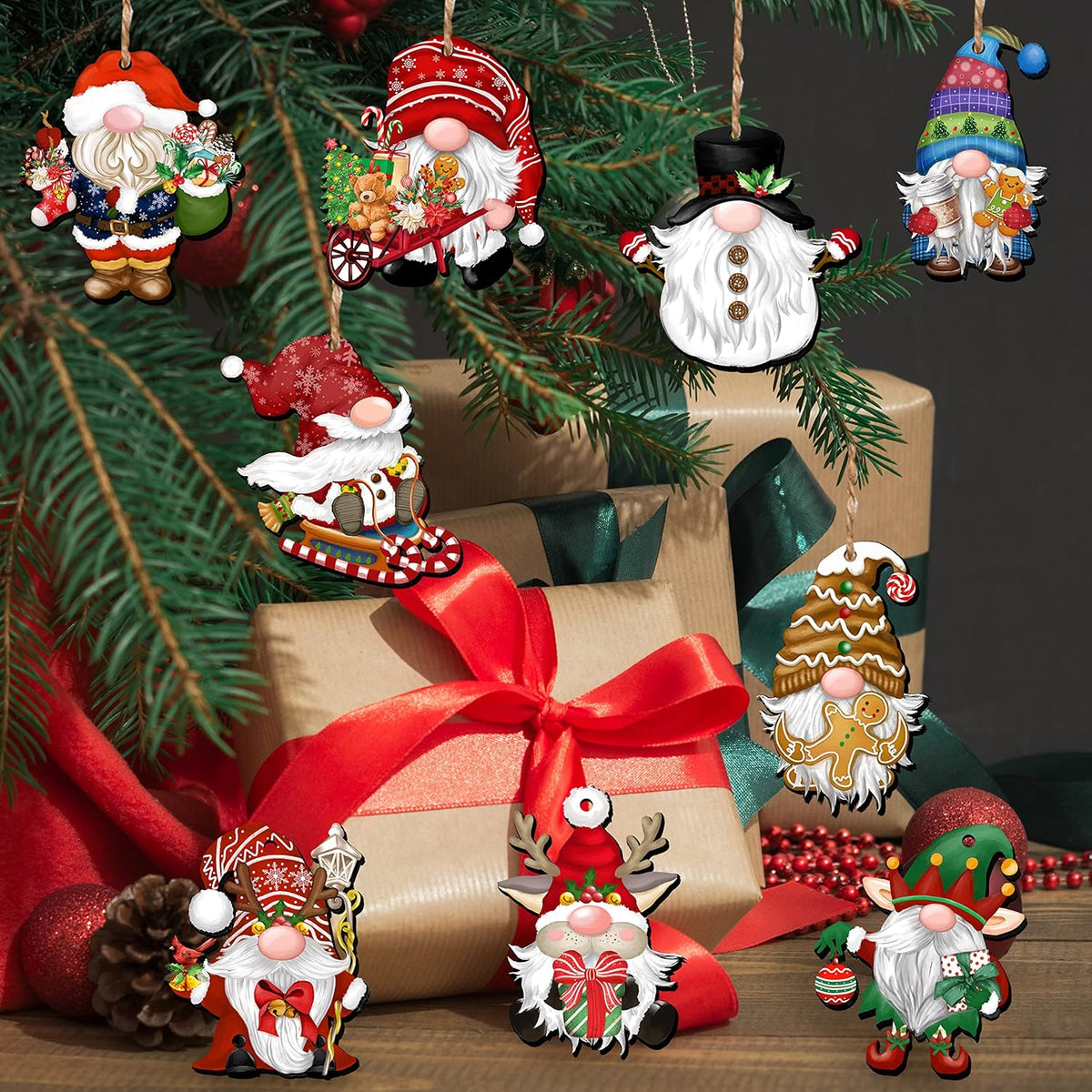 24 Pieces Christmas Gnome Wooden Ornaments Wood Hanging Decorations for Christmas Tree Santa Clause