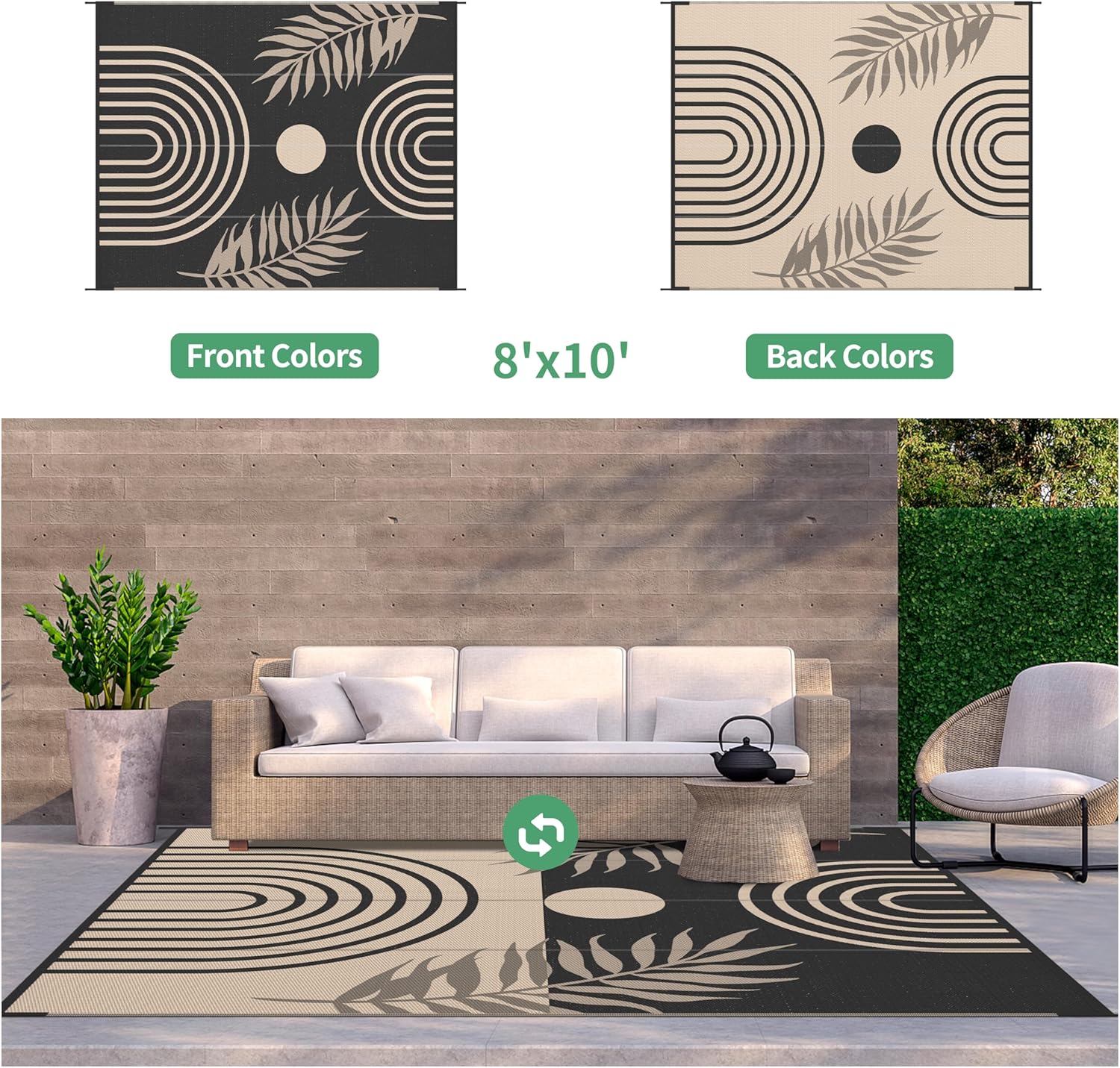 GENIMO Outdoor Rug 8' x 10' Waterproof for Patio Clearance, Reversible Lightweight Plastic Straw