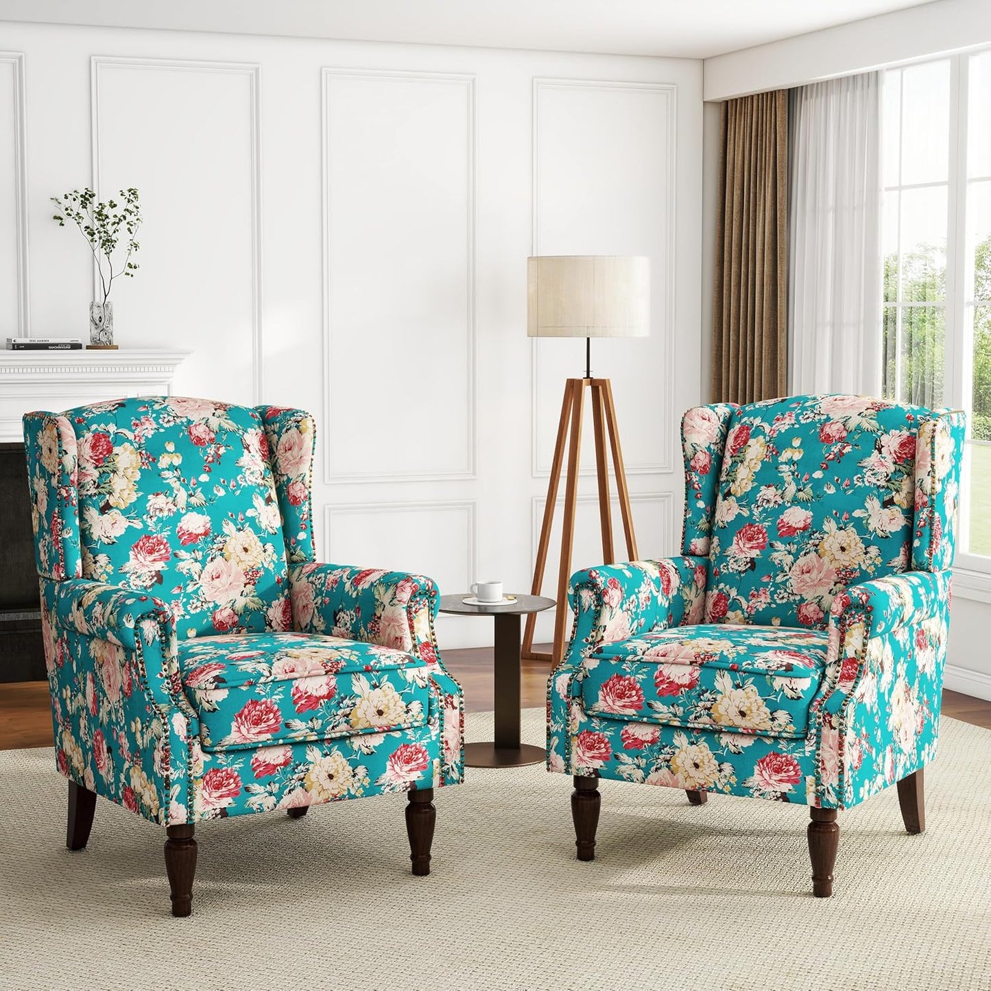 UIXE High Back Floral Accent Chairs Set of 2, Upholstered Armchair in Fabric, Retro Printed