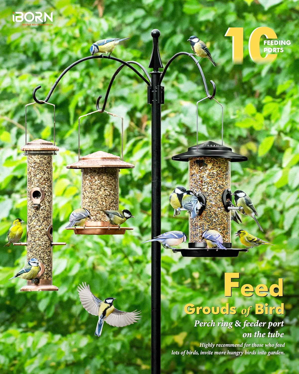 iBorn Metal Bird Feeder for Outside Hanging,Wild Bird Feeders for Cardinal,18cm Large Roof&Tray