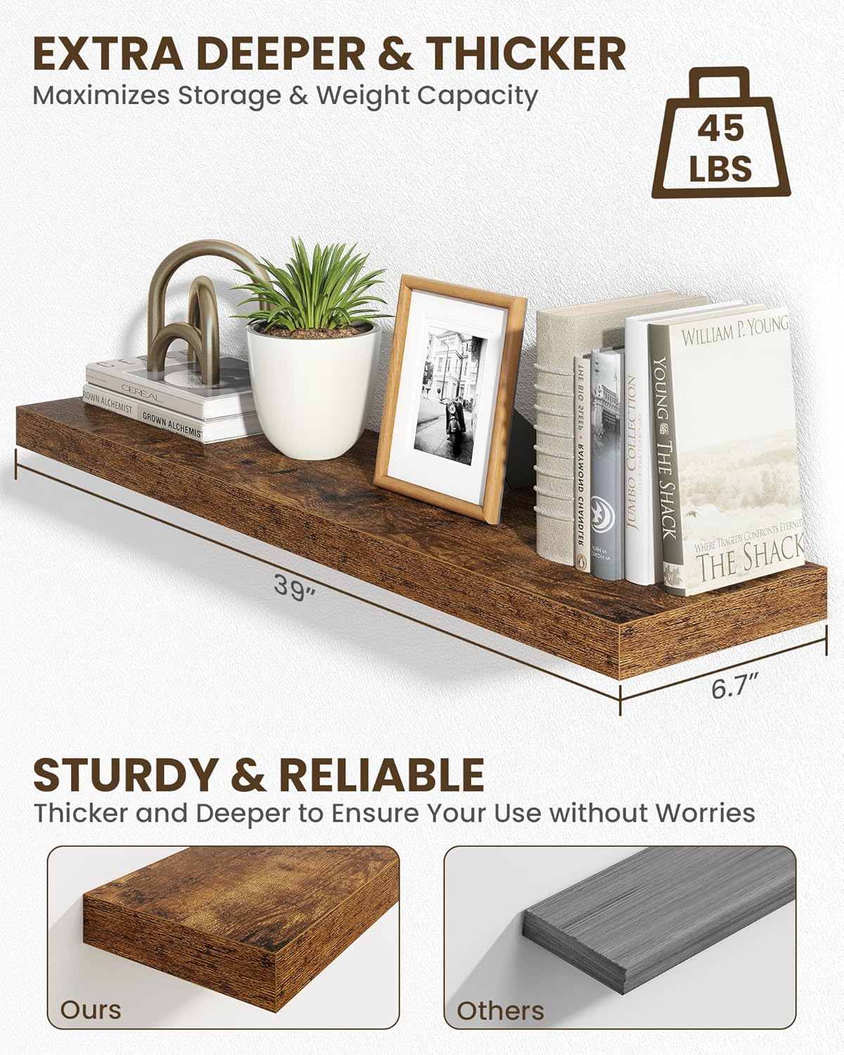 Marsmiles 39" Floating Shelves for Wall, Wooden Shelves with Invisible Brackets Set of 2, Rustic