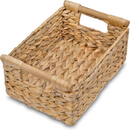VATIMA Hyacinth Small Wicker Basket 11.6x8.1x4.9" - Bathroom Organizer, Wooden Handle, Decorative