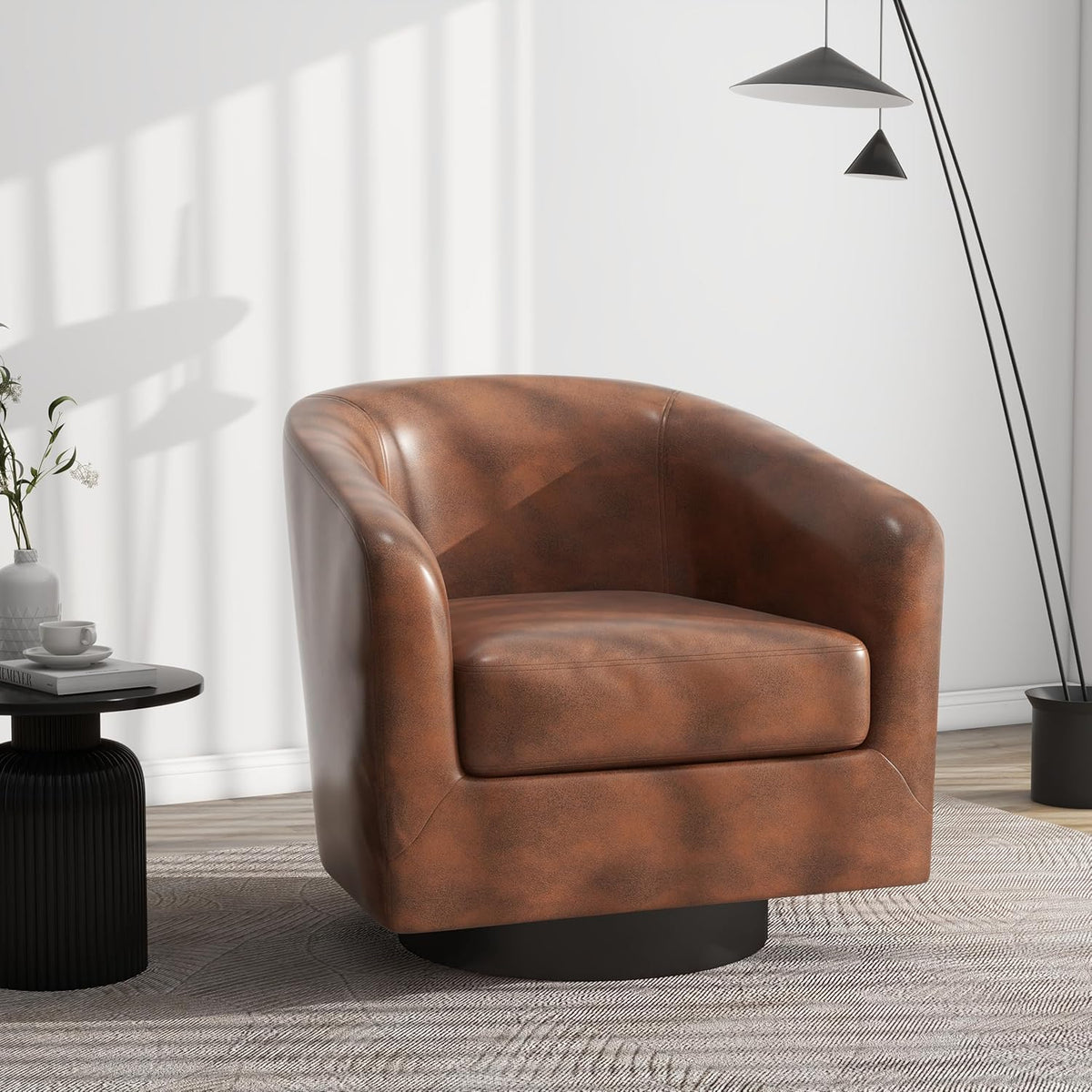 Swivel Barrel Accent Chair, Modern Round Faux Leather Arm Chair for Living Room, Bedroom, Comfy