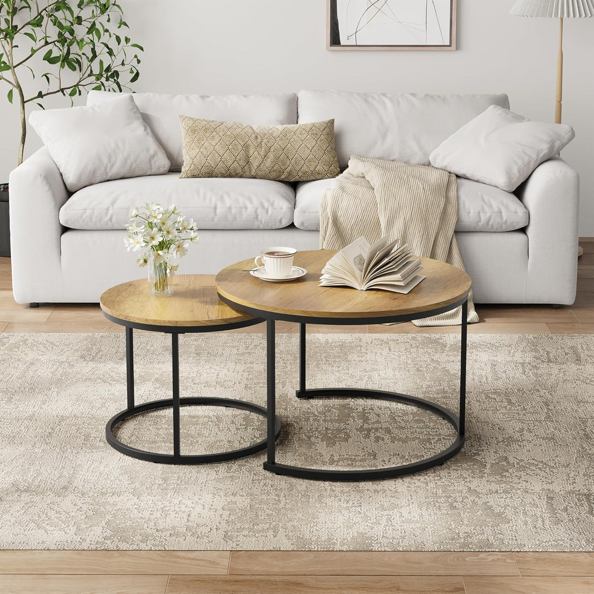 Smuxee Nesting Coffee Table Set of 2, 27.6" Round Coffee Table Wood Grain Top with Adjustable