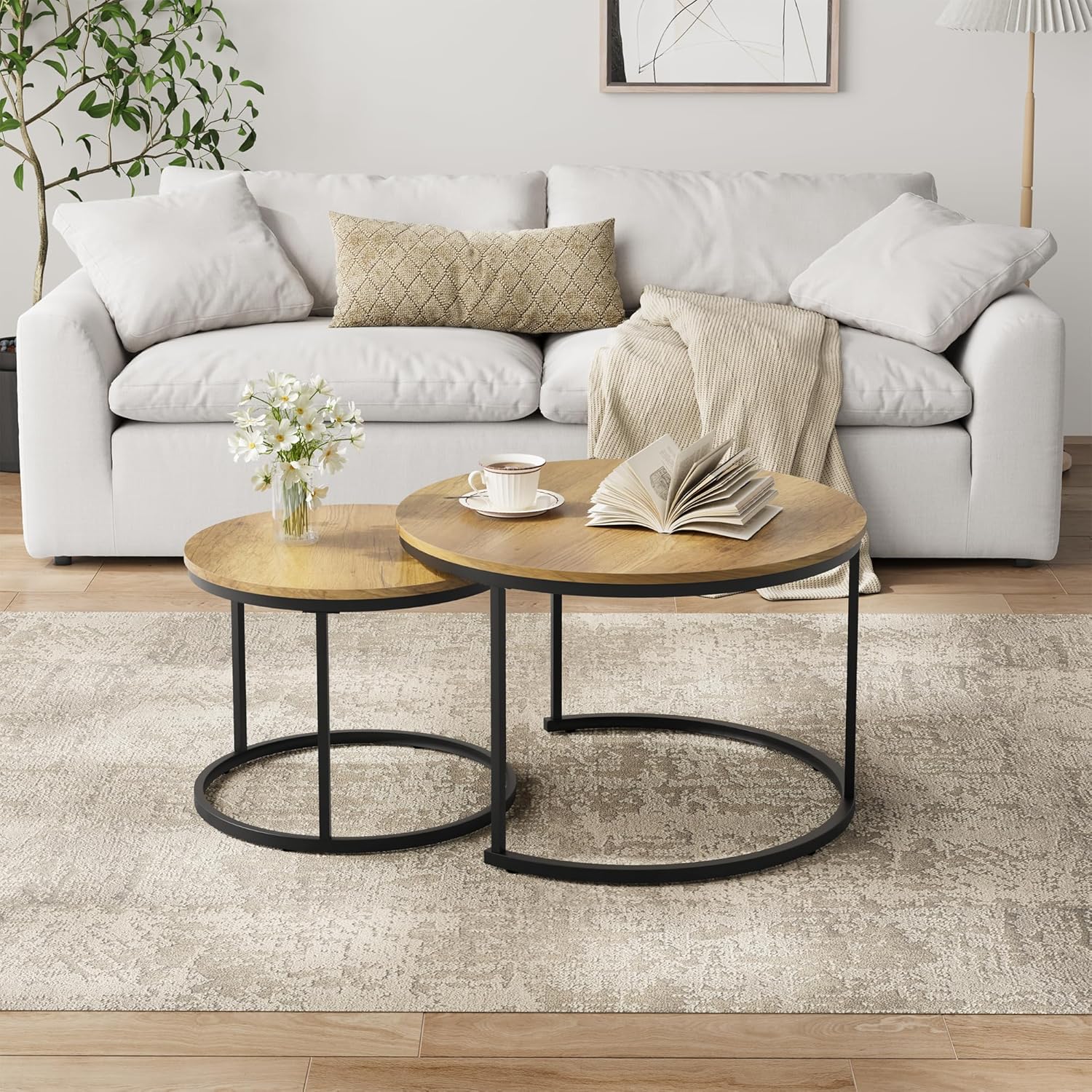 Smuxee Nesting Coffee Table Set of 2, 27.6" Round Coffee Table Wood Grain Top with Adjustable