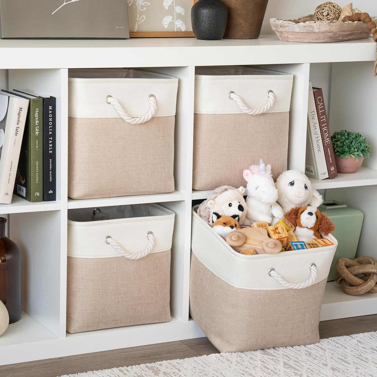 OrganiHaus 12x12 Cube Storage Bins 4 Pack, Foldable Cube Storage Organizer w/ Rope Handles