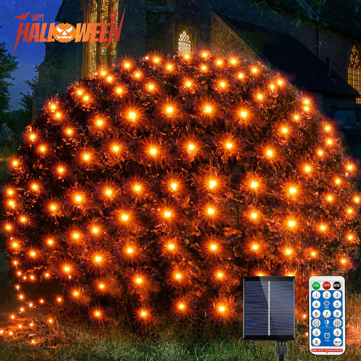 WBao Solar Halloween Lights Outdoor, 200LED 8.4ft x 5.2ft Halloween Net Lights with Remote, 8