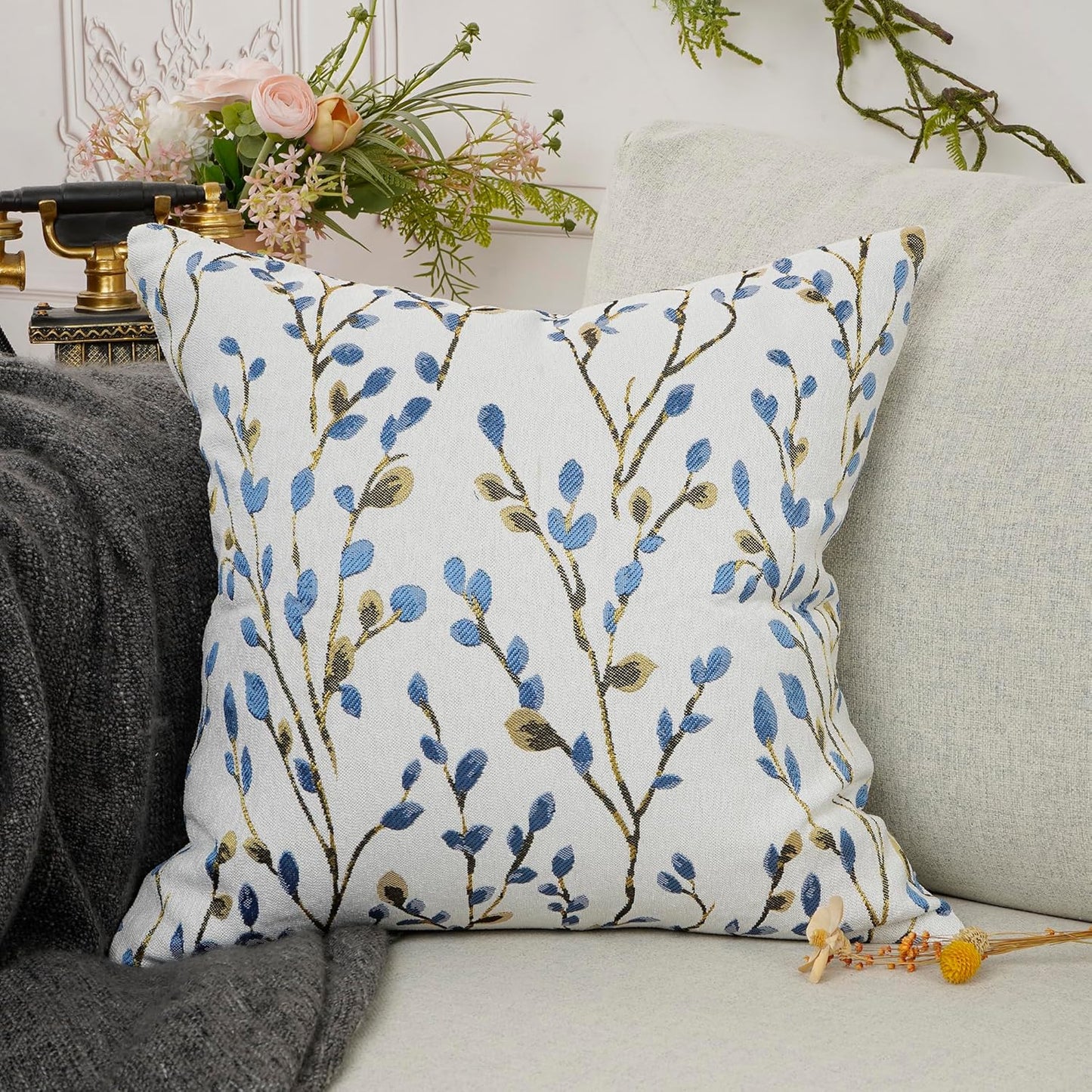YOUR SMILE Classical Embroidery Jacquard Blue Square Decorative Throw Pillow Case Cushion Cover