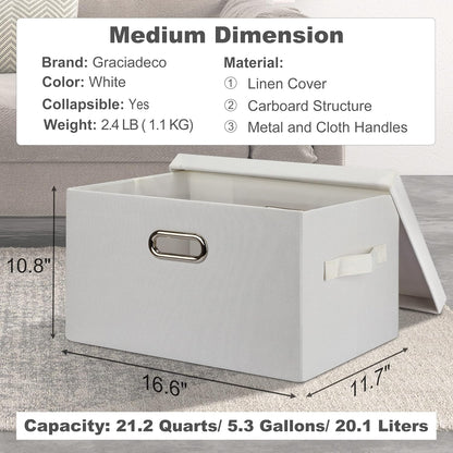 Medium 15" 21 Quart Collapsible Stackable Storage Bins with Lids, 5 Packs White Foldable Fabric