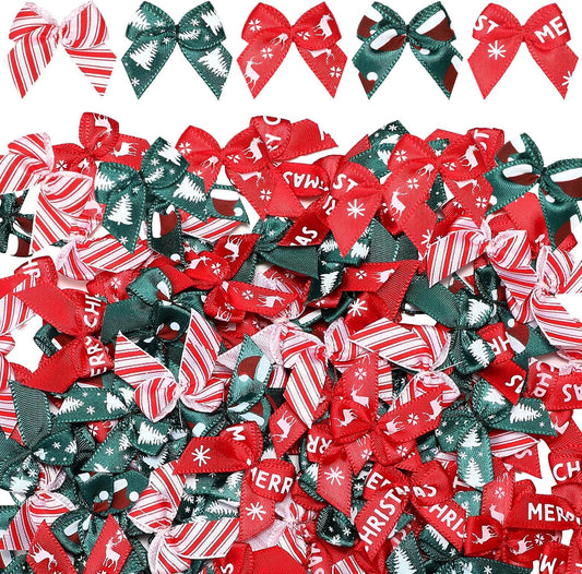 Syhood 150 Pcs Christmas Mini Bow Tiny Twist Tie Bow Handmade Craft Ribbon for DIY Sewing Party