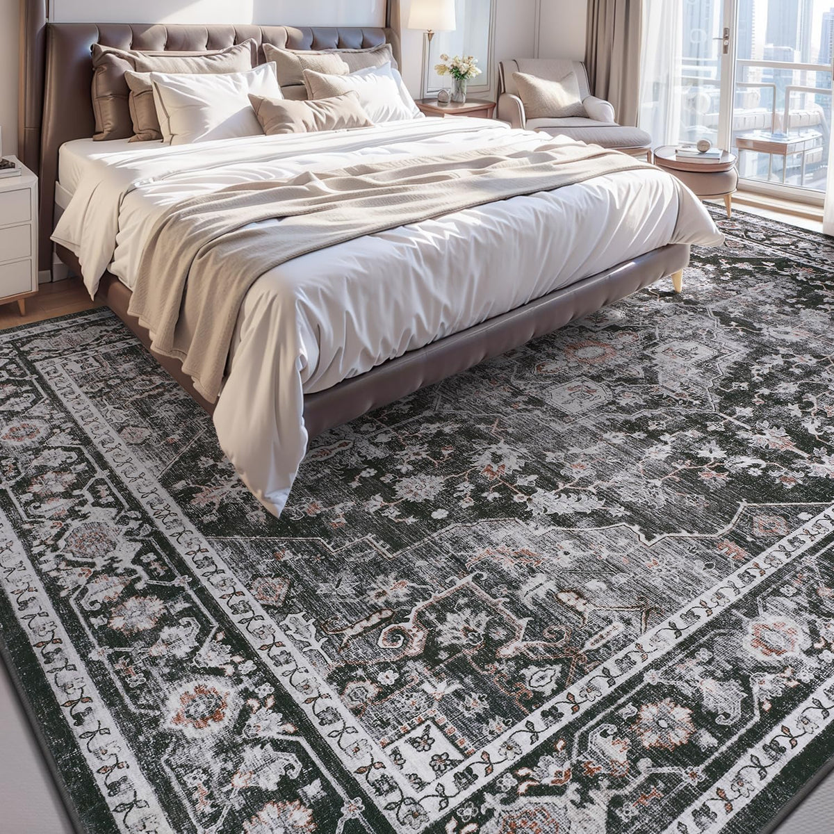 AMOAMI-Area Rug 9X12 Rugs for Living Room-Vintage Soft Black Rugs for Bedroom-Non Slip