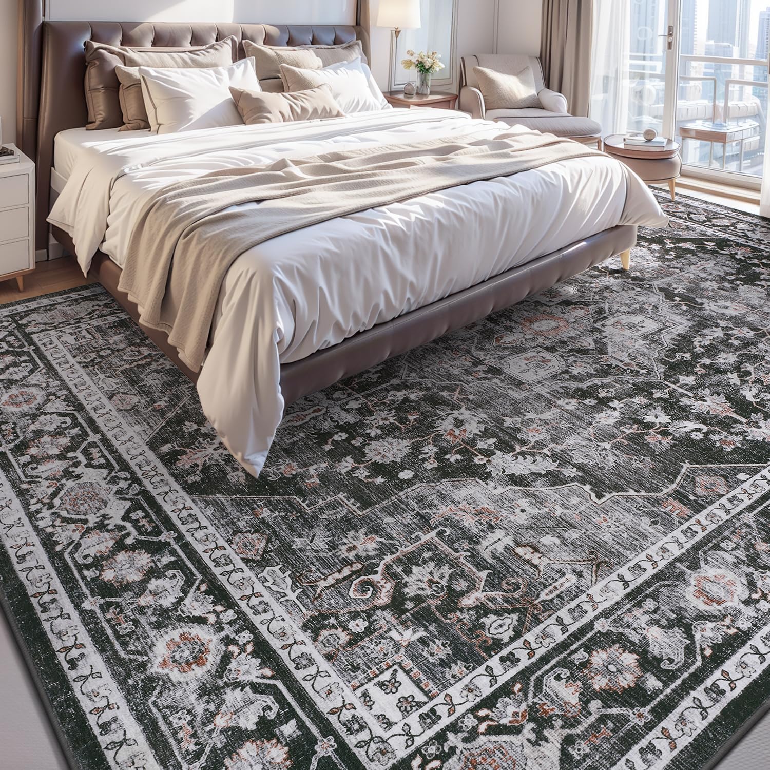 AMOAMI-Area Rug 8X10 Rugs for Living Room-Vintage Soft Black Rugs for Bedroom-Non Slip