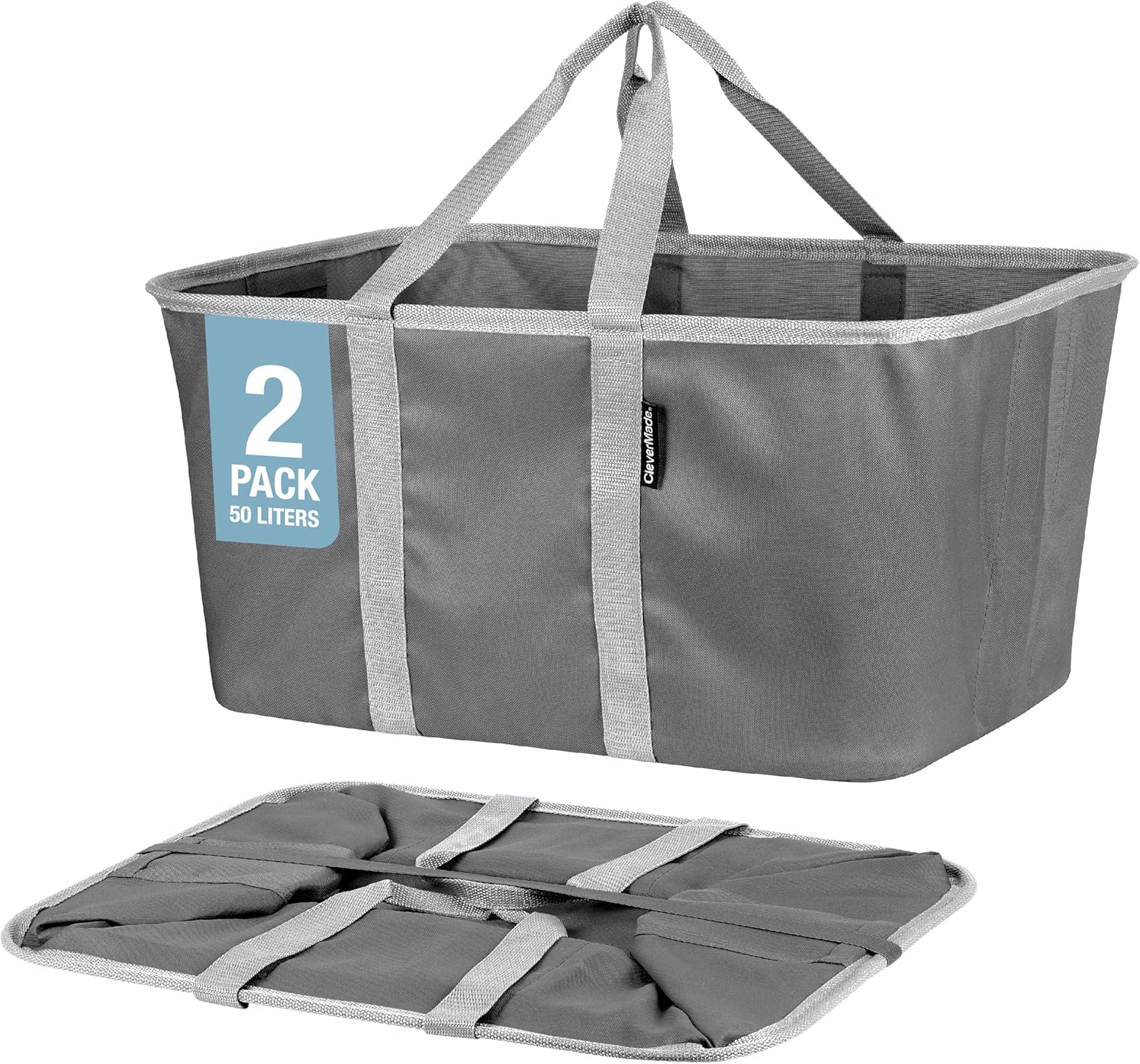 CleverMade Collapsible Laundry Tote - Charcoal Gray 2-Pack 50L - Foldable Storage Organization