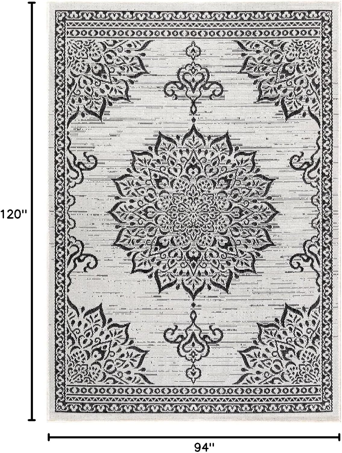 CAMILSON Outdoor Rug, 8x10 Medallion White Black Modern Area Rugs for Indoor and Outdoor Patios