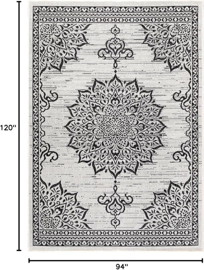 CAMILSON Outdoor Rug, 8x10 Medallion White Black Modern Area Rugs for Indoor and Outdoor Patios