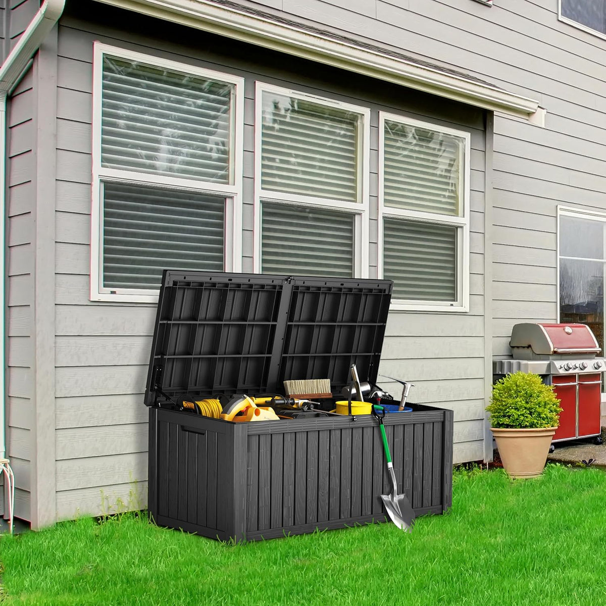 180 Gallon Lockable Resin Deck Box, Waterproof & UV-Resistant Outdoor Storage Box for Outdoor