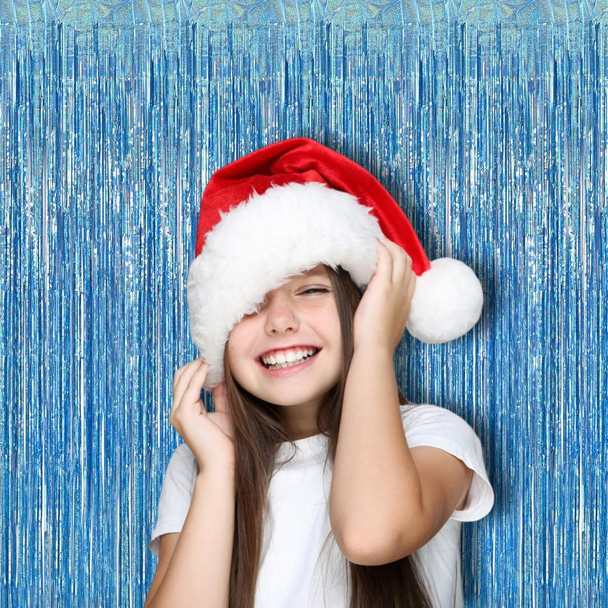BRAVESHINE Light Blue Tinsel Foil Fringe Curtains - 2Pcs 3.2x8.2 ft Metallic Holiday Photo Booth