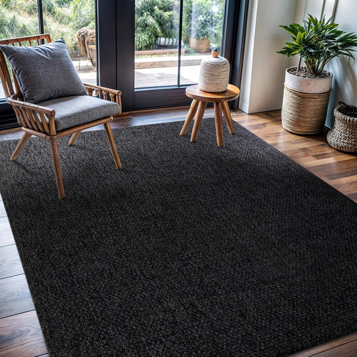 CAMILSON Easy Jute Rug 5x7, Indoor Outdoor Dark Gray Black Farmhouse Area Rugs for Living Room