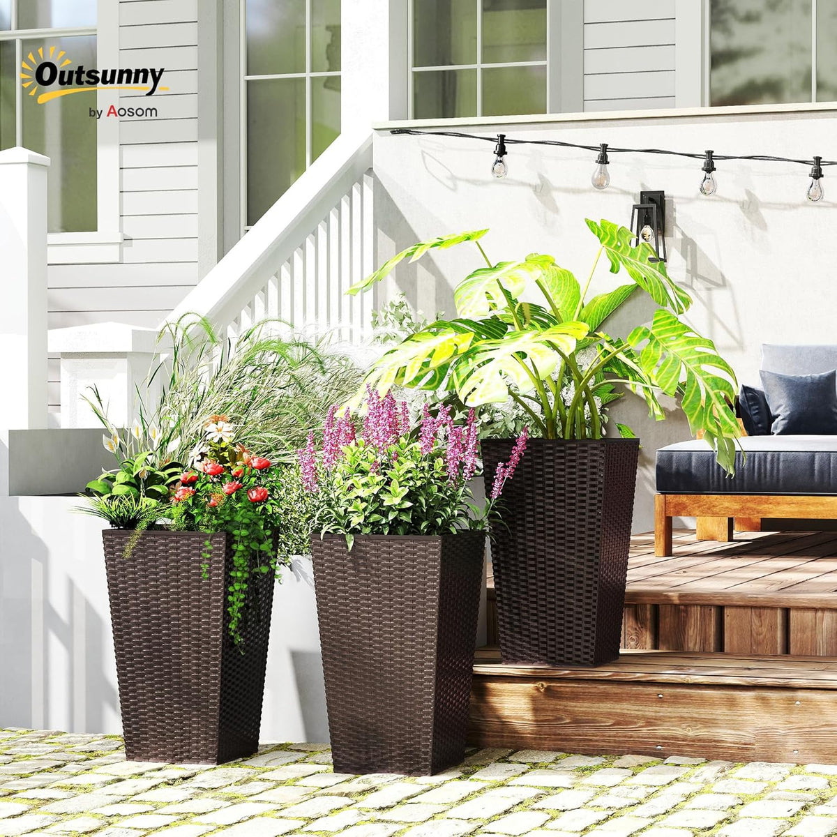 Outsunny Tall Planters for Outdoor Plants Set of 3, 24 in Taper Planters with Drainage Holes