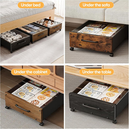 Wooden Under Bed Storage with Wheels, Rolling Under the Bed Storage Bins with Removable Lid, Metal