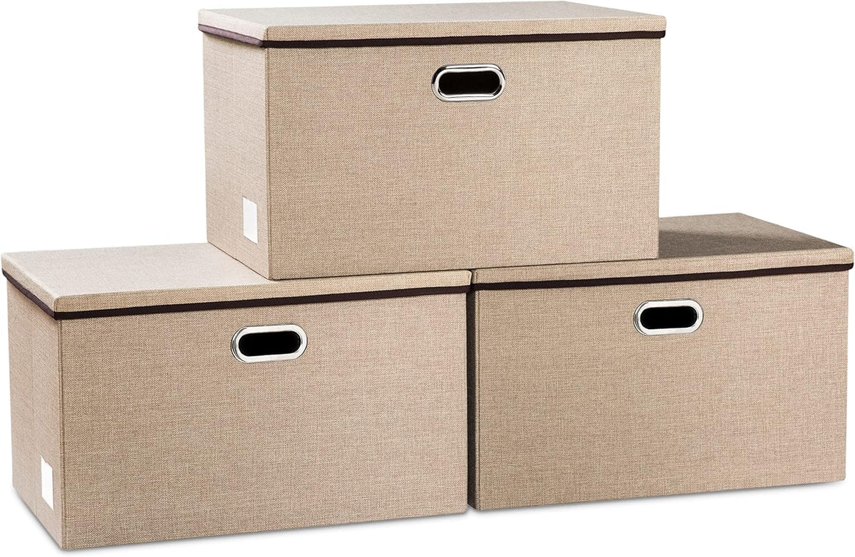 PRANDOM Extra Large Collapsible Storage Bins with Lids [3-Pack] Linen Fabric Foldable Storage