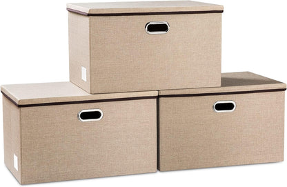 PRANDOM Extra Large Collapsible Storage Bins with Lids [3-Pack] Linen Fabric Foldable Storage