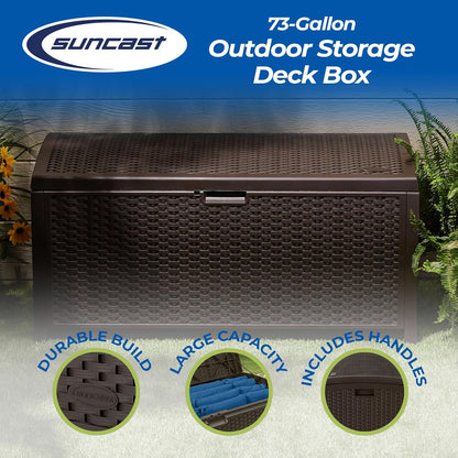 Suncast Outdoor Storage Box - 73 Gallon Mocha Brown Deck Box for Patio, Waterproof Outdoor Storage