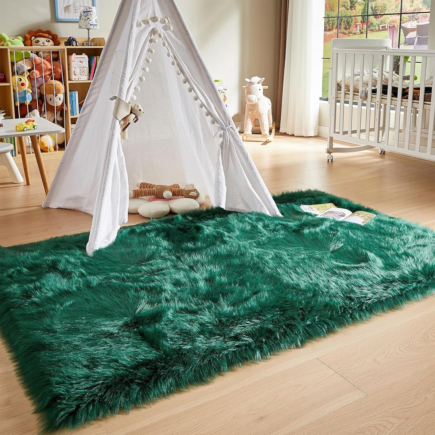 AMTOVO Faux Fur Sheepskin Rug for Living Room, 4 x 6 ft Dark Green Fluffy Area Rug for Bedroom