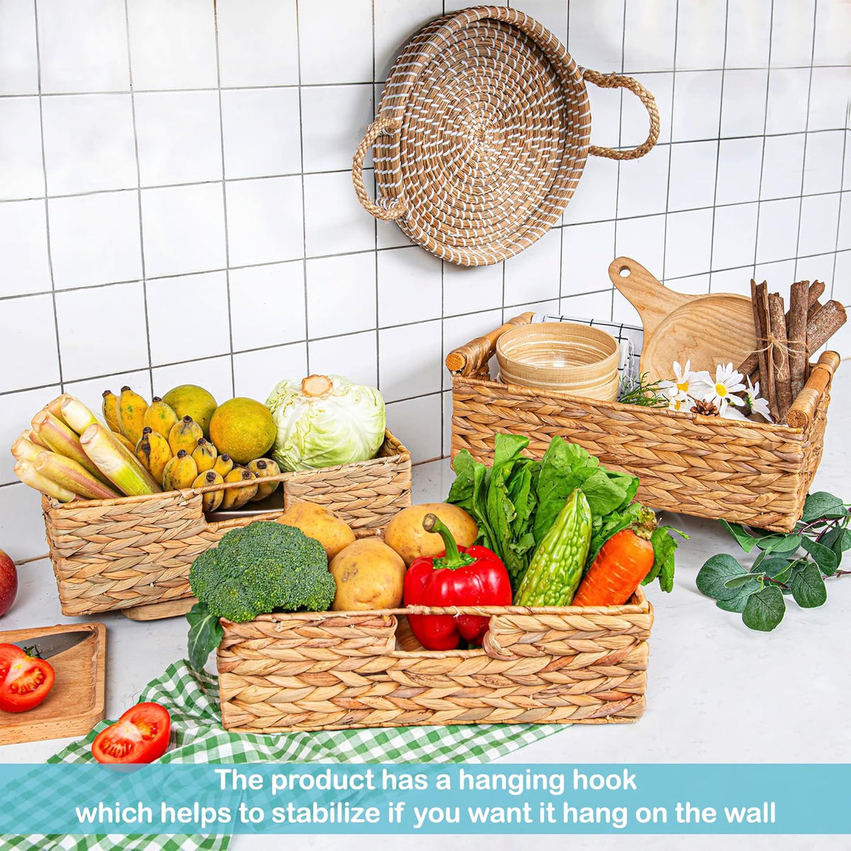 VATIMA Large Water Hyacinth Storage Baskets for Organizing with Wooden Handles for Shelves, 2
