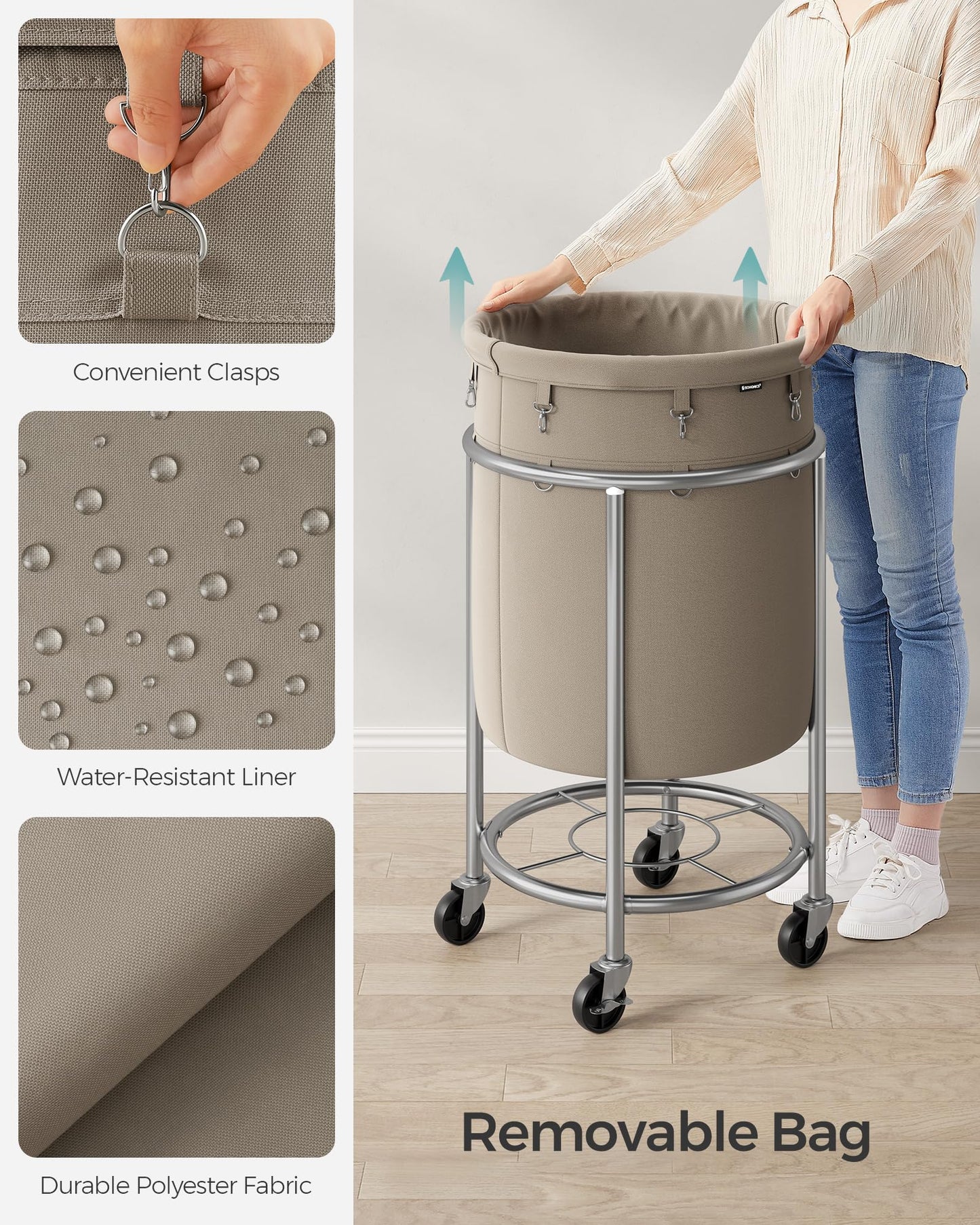 SONGMICS Laundry Basket, Rolling Steel Frame with 2 Locking Wheels, 110 L