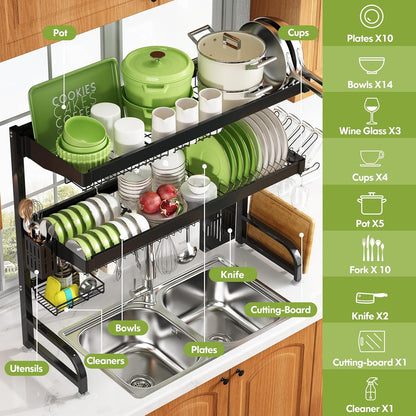 3 Tier Extra Large Stainless Steel Expandable Over The Sink Dish Drainer Drying Rack, Rust Proof