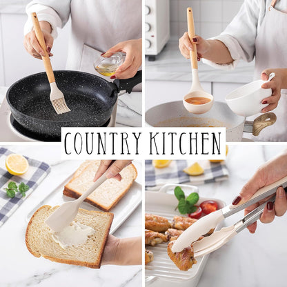 Country Kitchen Non Stick Silicone Utensil Set with Rounded Wood Handles for Cooking and Baking, 38