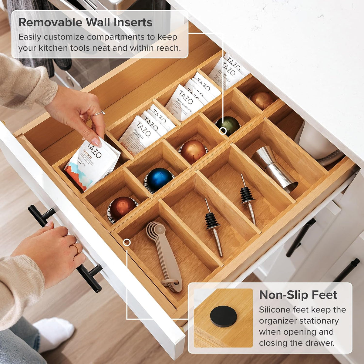 Premium Utensils and Tea Bag Drawer Organizers – 14-Compartment Design with Removable Dividers