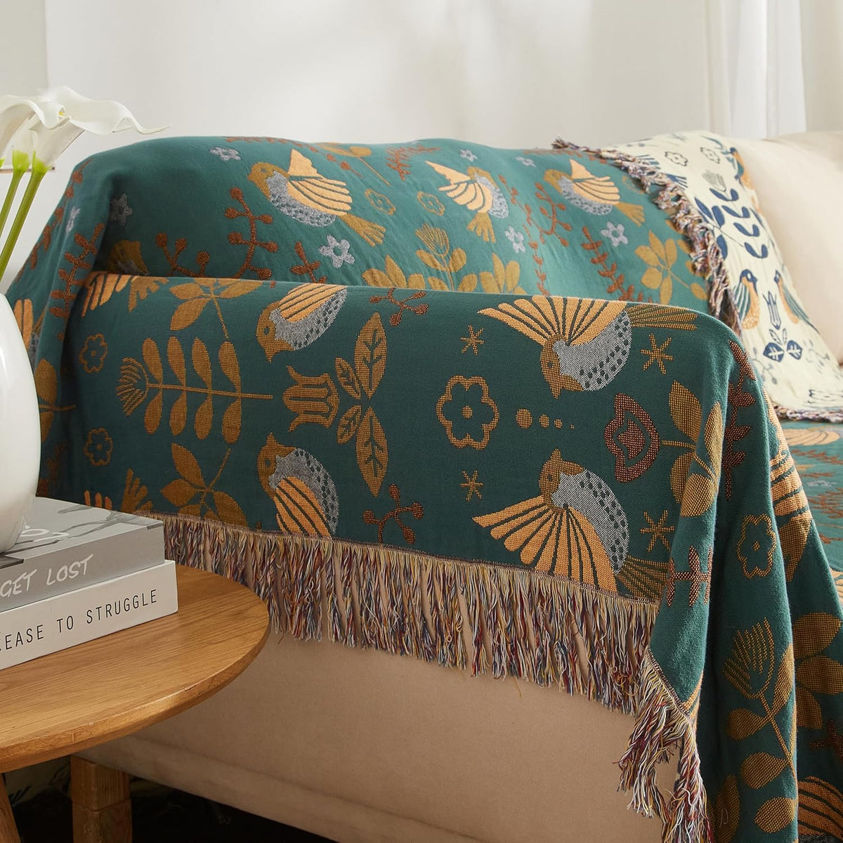 Boho Throw Blanket for Bed 80”x90”, 100% Cotton Woven Blanket for Couch Sofa, Ultra Soft 4-Layer