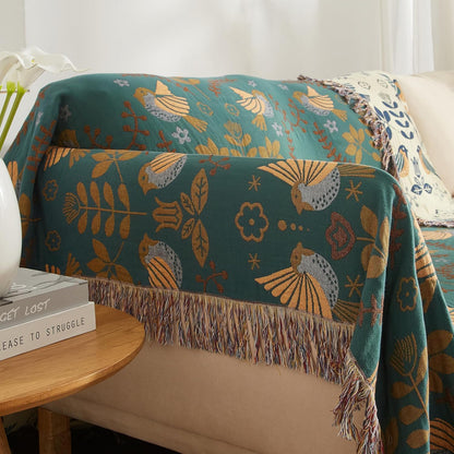Boho Throw Blanket for Bed 80”x90”, 100% Cotton Woven Blanket for Couch Sofa, Ultra Soft 4-Layer