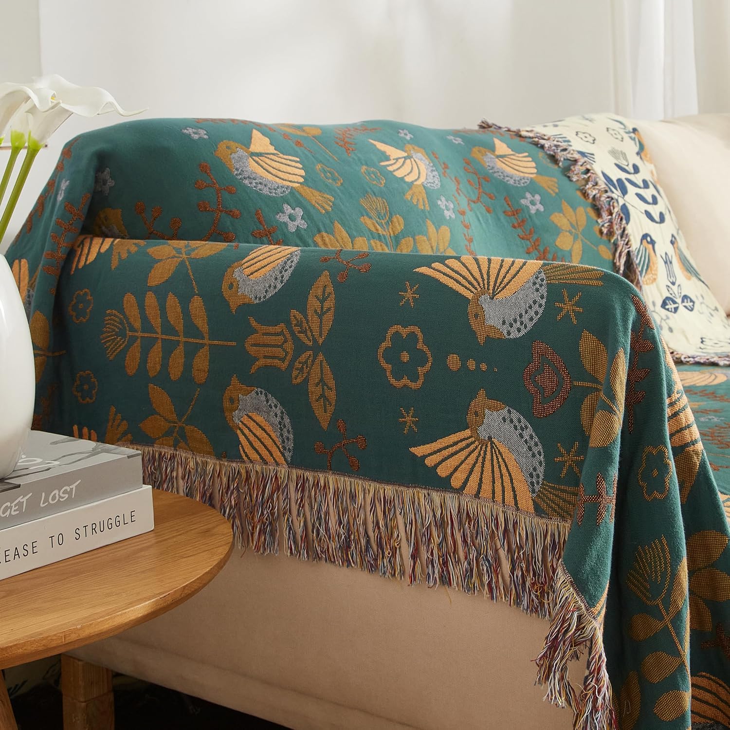 Boho Throw Blanket for Bed 60”x80”, 100% Cotton Woven Blanket for Couch Sofa, Ultra Soft 4-Layer