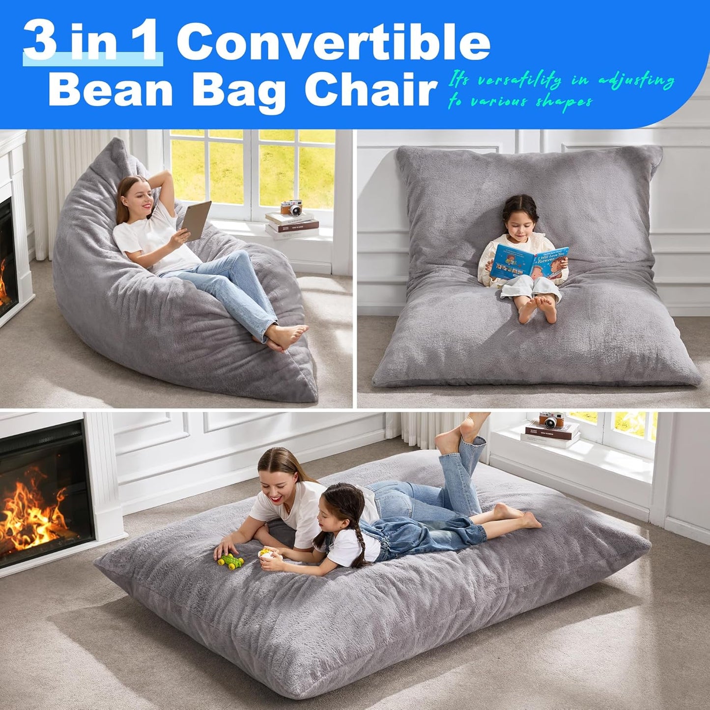 Hobestluk 3 in 1 Bean Bag Chair Giant Bean Bag Chairs for Adults with Chevron Plush Fur Cover