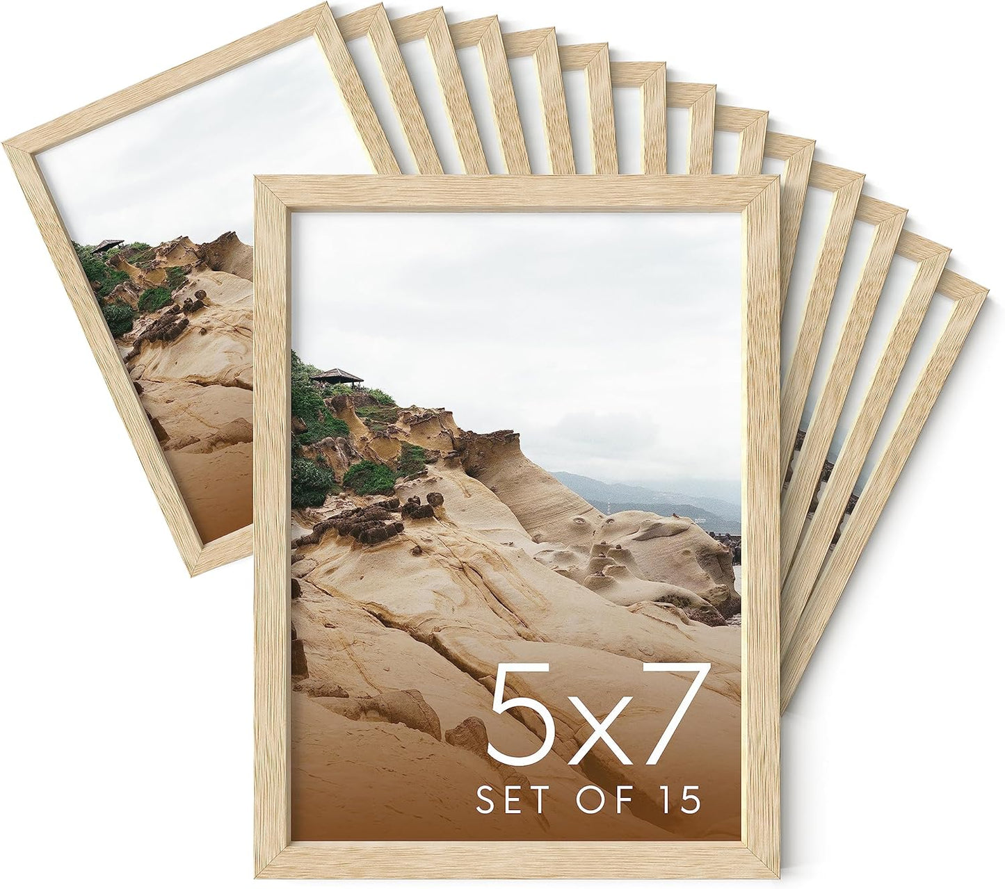 Haus and Hues 5x7 Natural Oak Wood Photo Frame Set of 15 - Mini Picture Frames Bulk Gallery Set