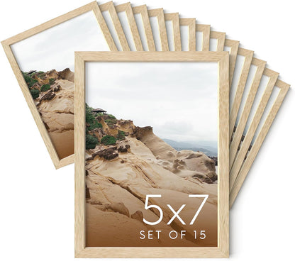 Haus and Hues 5x7 Natural Oak Wood Photo Frame Set of 15 - Mini Picture Frames Bulk Gallery Set
