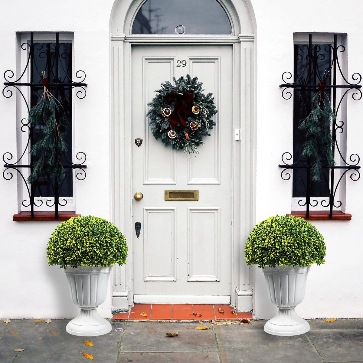 Sunnyglade 2 PCS 23”Artificial Plastic Boxwood Ball Tree，Faux Potted Decorative Topiary Plant，UV