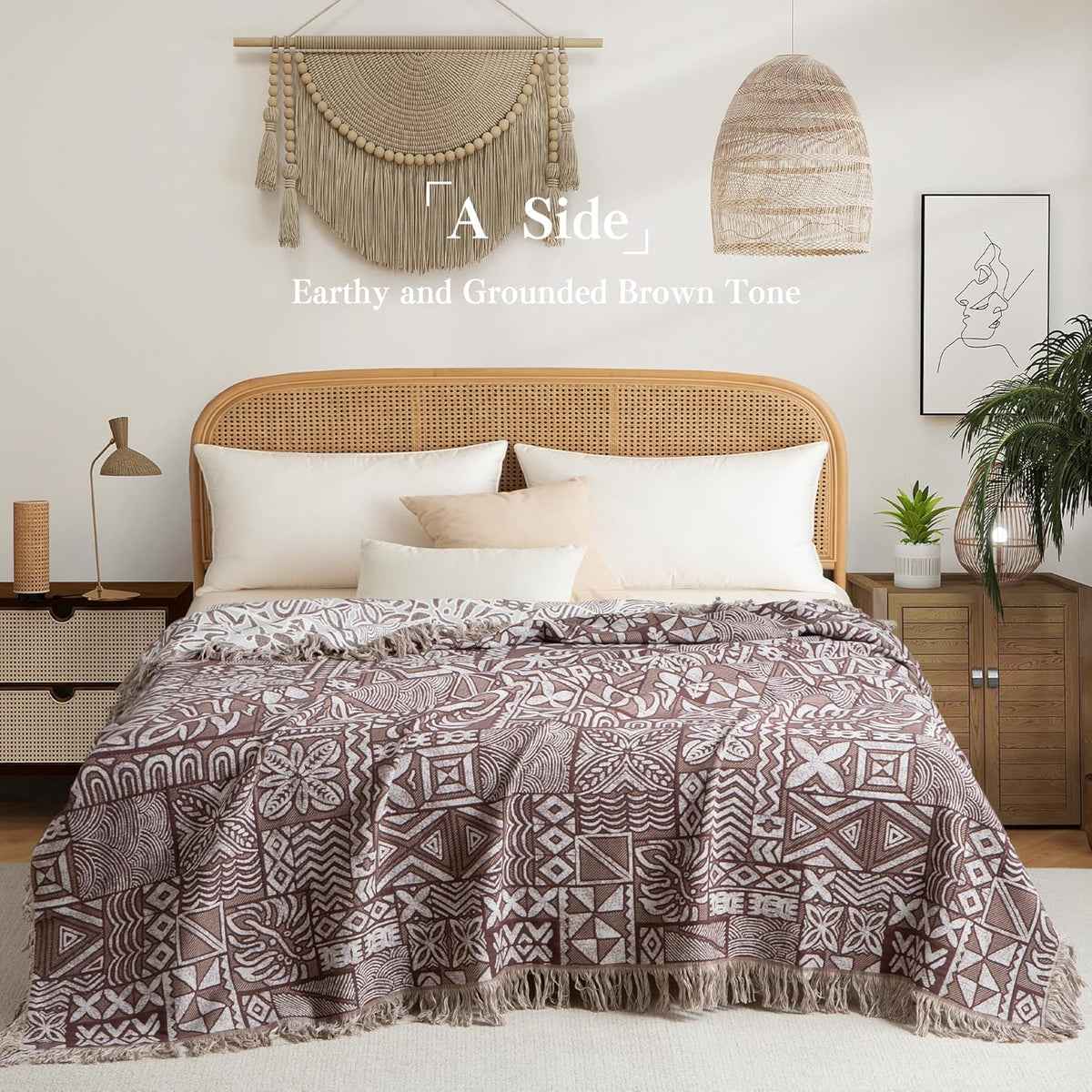 Boho Throw Blanket Full Size, Extra Large Soft Cozy Cotton Muslin Quilt Blanket for Bed Decor