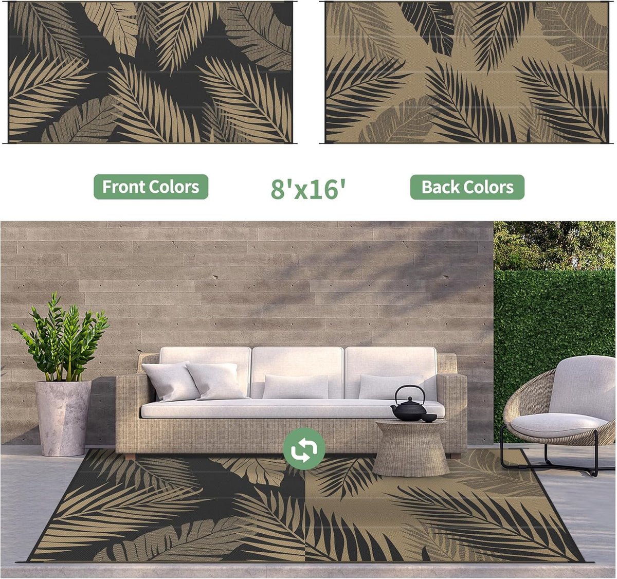 GENIMO Outdoor Rug 8' x 16' Waterproof for Patios Clearance, Reversible Outdoor Plastic Straw