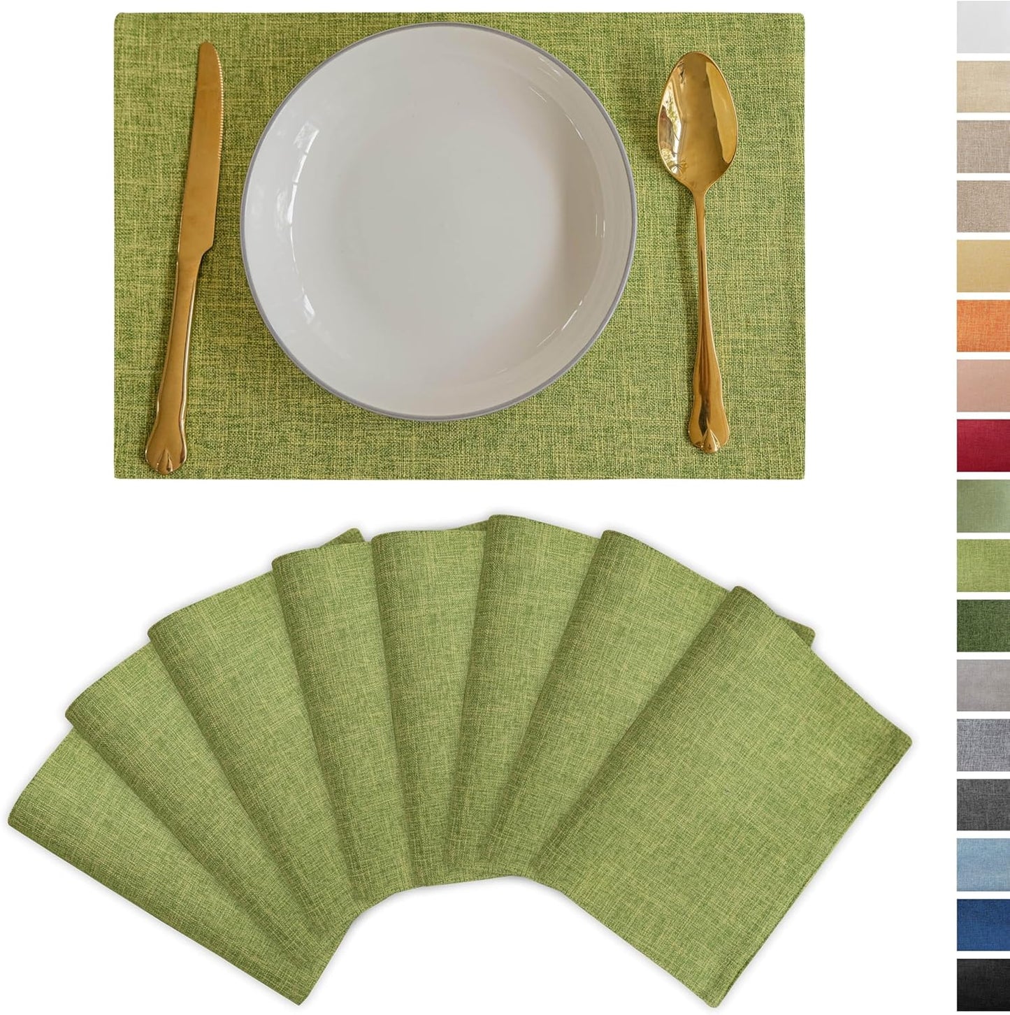 Demetex Table Placemats Set of 8 Olive Green Linen Place Mats Washable Fabric Plate Mats for Picnic