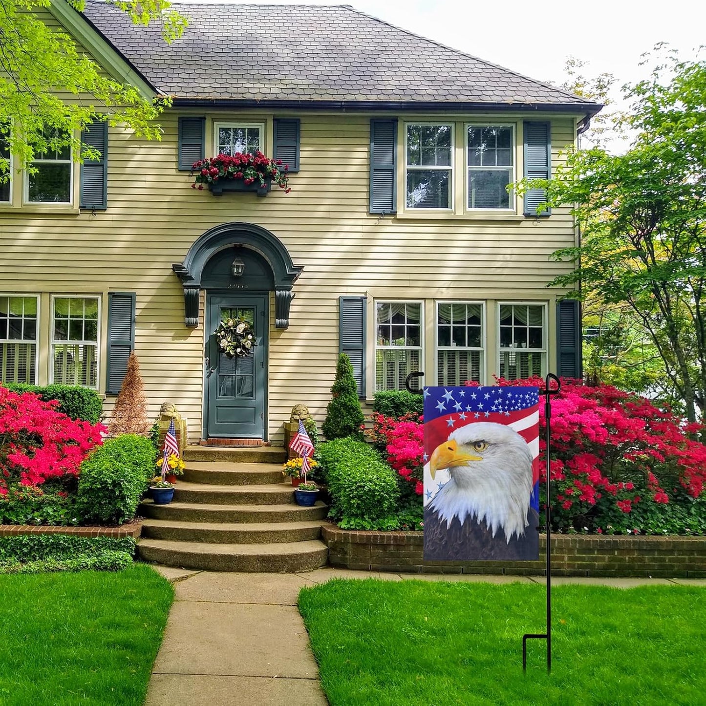 TOPFLAGS Garden Flag Stand with American Garden Flags Patriotic Stars and Eagle Yard Flag 12x18
