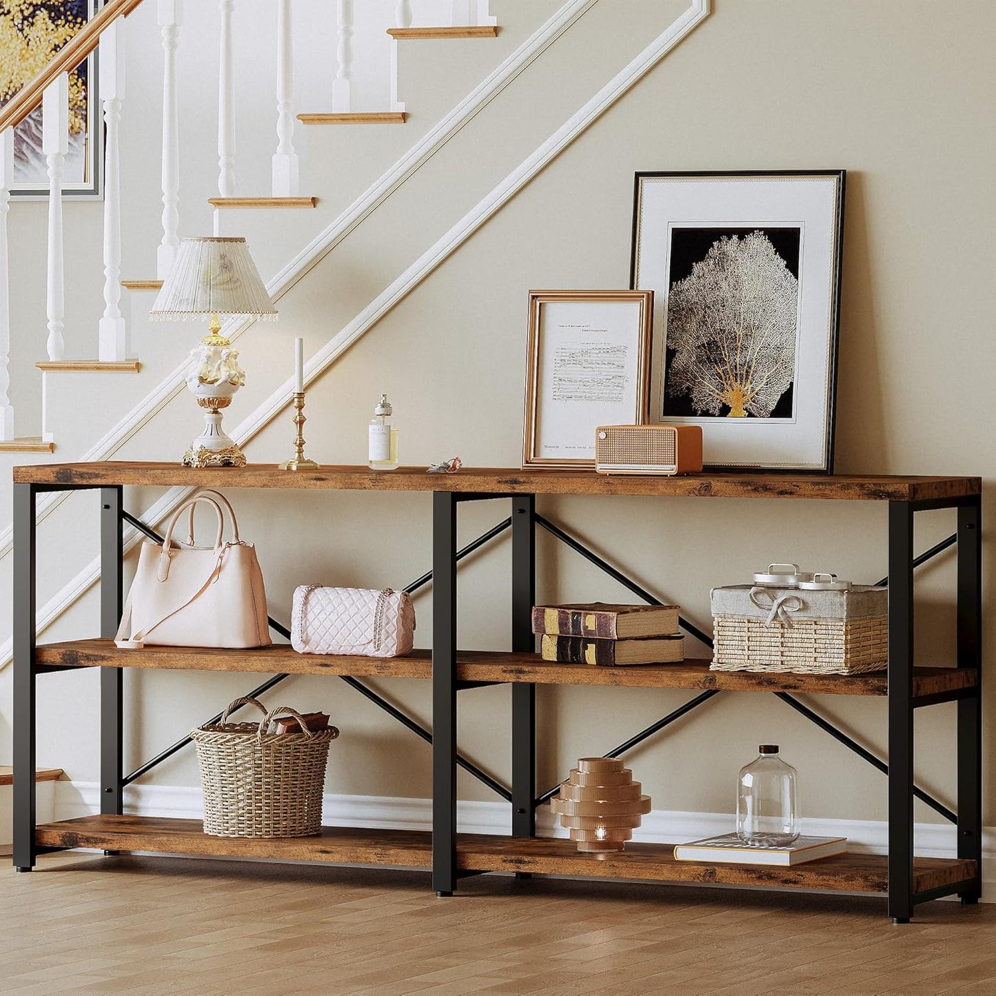 IRONCK Rustic Entryway Console Table, Long Hallway Table 70.8 in 3-Tier, TV Stand Entertainment