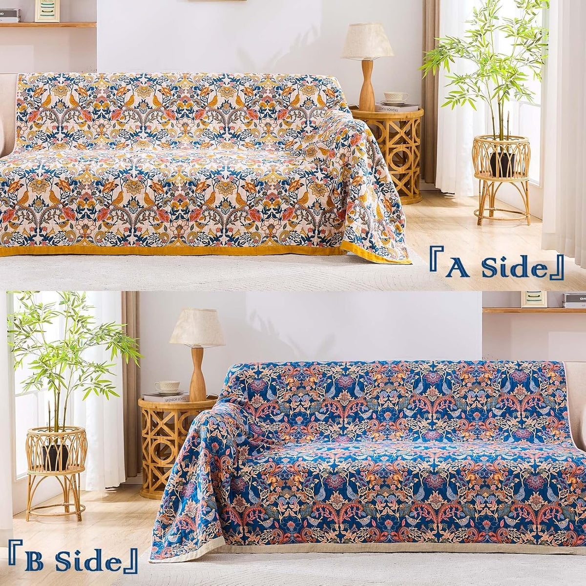 Boho Blanket Throw Quilt, 100% Cotton Soft Light Weight Throw Blankets for Summer, 50"x60"